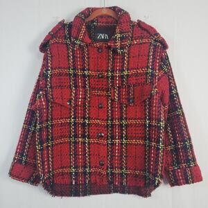 Zara oversized plaid tweed jacket women's M red black raw hem pockets classic